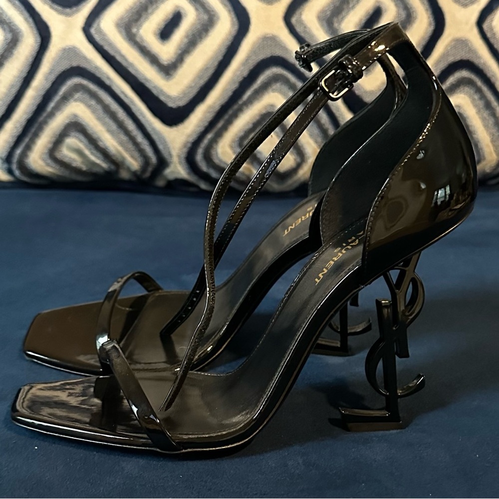 Saint Laurent Black Patent Leather Sandals with Iconic Heel